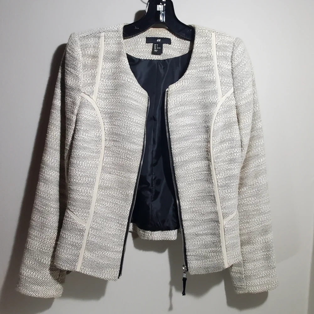 H&M Ivory & Black Tweed Cropped Lined Jacket